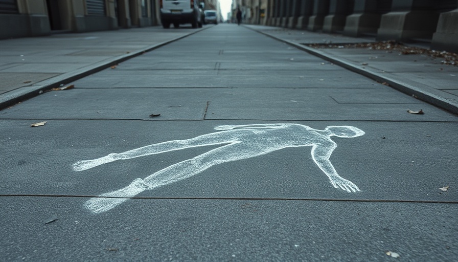 AI-powered tool for traumatic brain injury investigations illustration, chalk outline of body.