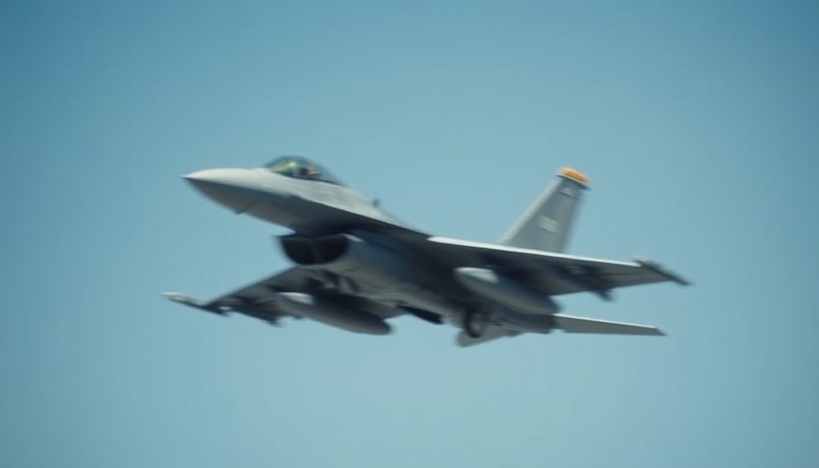 Blurred military jet jamming glide bombs in blue sky.