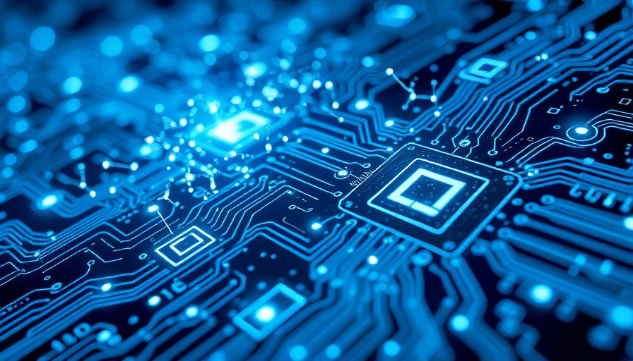 Futuristic quantum computing concept with glowing circuits and quantum bits.