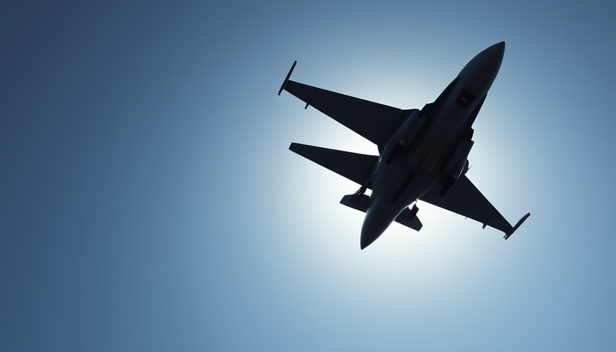 Silhouette of Ukraine F-16 fighter jet flying with visible weaponry.