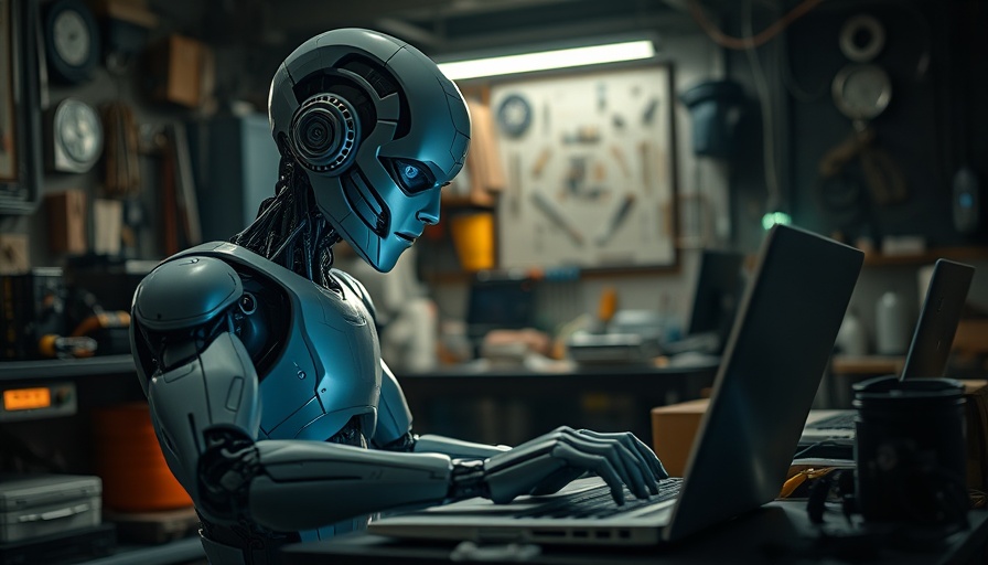 Futuristic robot typing in a workshop illustrating AI's impact on academic writing.