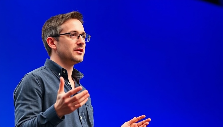Person presenting with blue background at tech event.