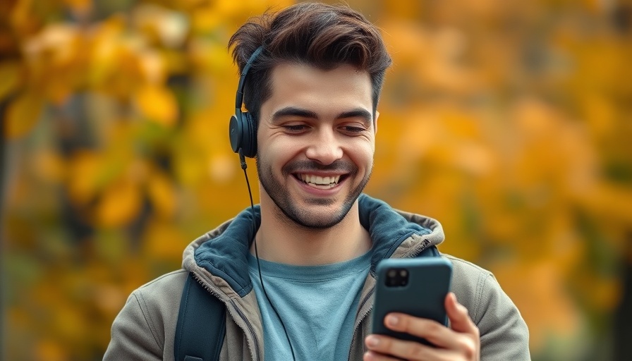 Cheerful man with wireless headset as affordable alternative outdoors.