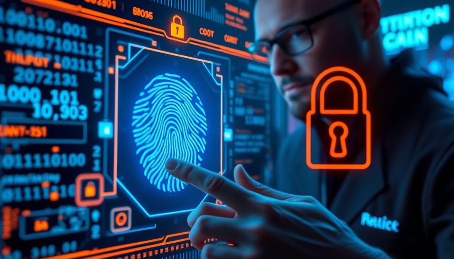 Futuristic cyber forensics interface with fingerprint scan in 2025 tech scene.