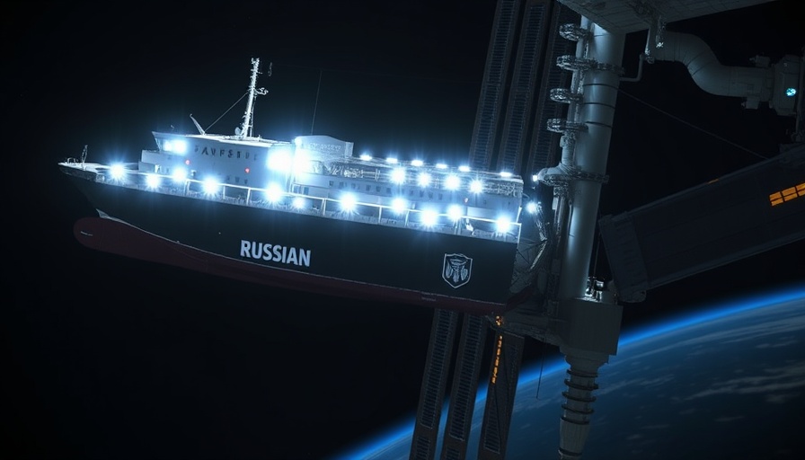 Russian cargo ship docks at space station in space, shadow contrasts.