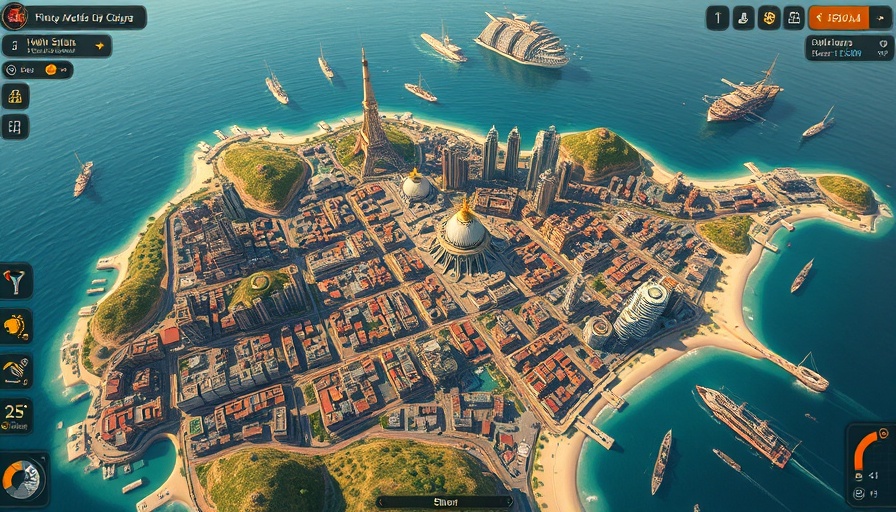 Strategic cityscape in Civilization VII, showcasing complex planning and terrain.