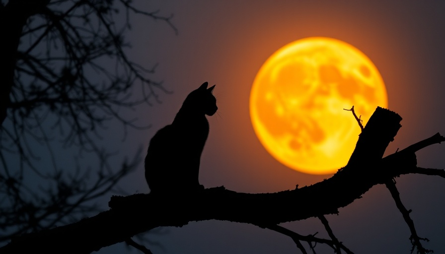 Silhouetted cat on tree branch against large orange moon in night sky.