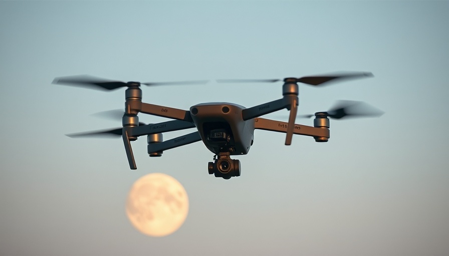 U.S. drone tracking a target under a full moon in evening sky.