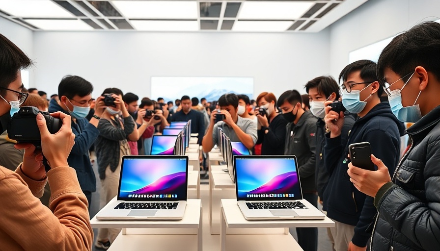 People photographing new MacBook Air in showroom amidst launch delay.