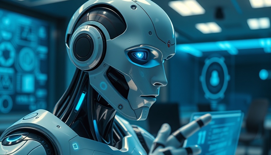 Futuristic robot using holographic interface in high-tech office.