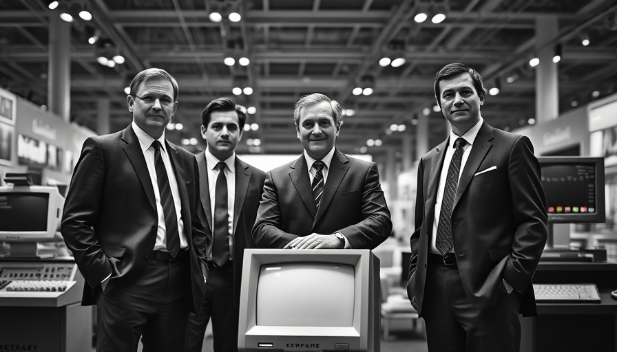 Historical image of businessmen with vintage tech product in exhibition.