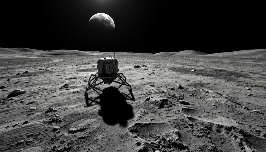 Private lunar lander casting shadow on moon's surface, Earth in distance.