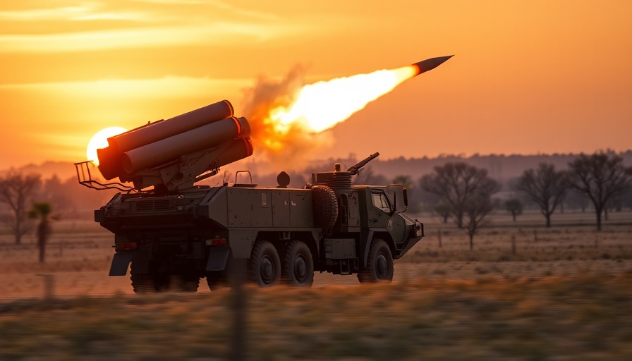 Military vehicle launches HIMARS rocket in action at sunset.