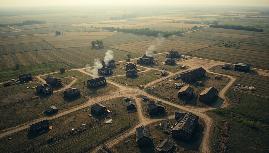 Aerial rural landscape with buildings, subtle conflict setting.
