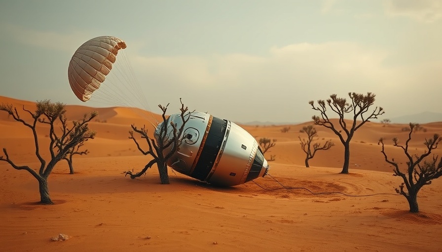 Space capsule with parachute in a desolate desert landscape.