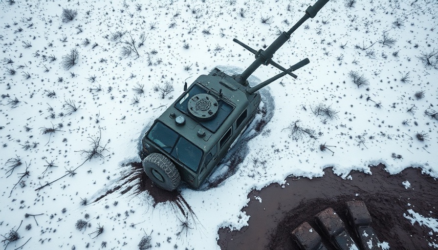 Aerial view of a military vehicle stuck in a muddy snowy field.