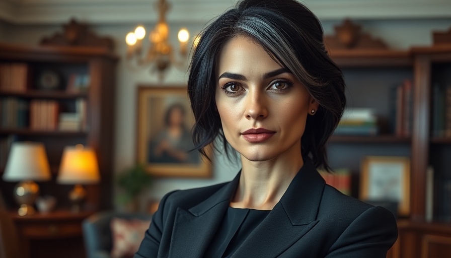 Confident woman in office, warm lighting, secret surveillance program.