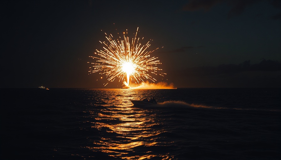 SpaceX Starship explosion lighting up night sea with boat view.