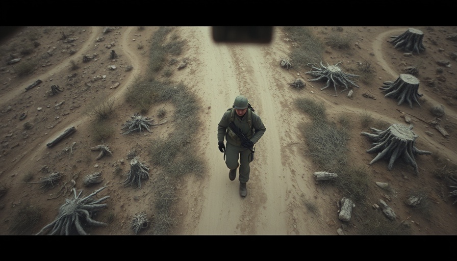 Drone's view of soldier in barren landscape, Ukrainian drones in warfare.