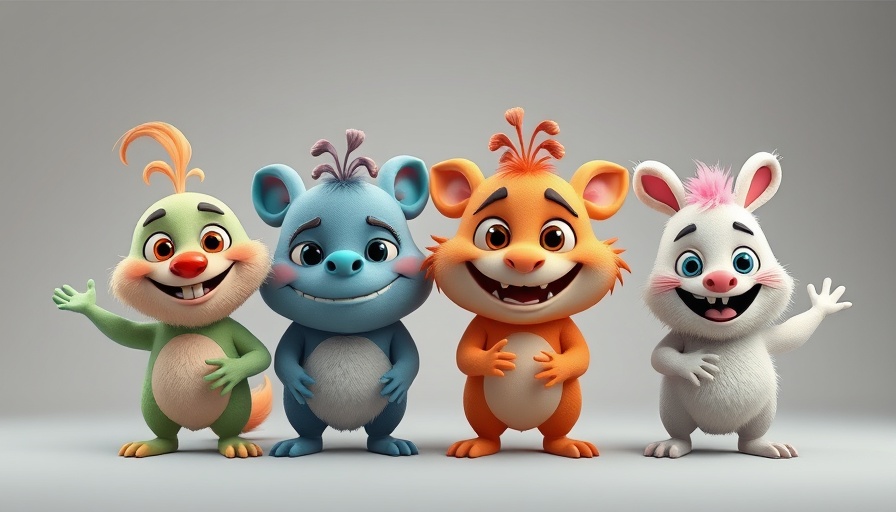 Playful cartoon critters in a group pose, consumer technology theme.