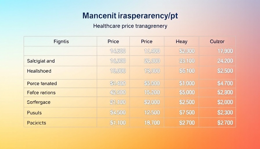 Healthcare price transparency data table on gradient background.