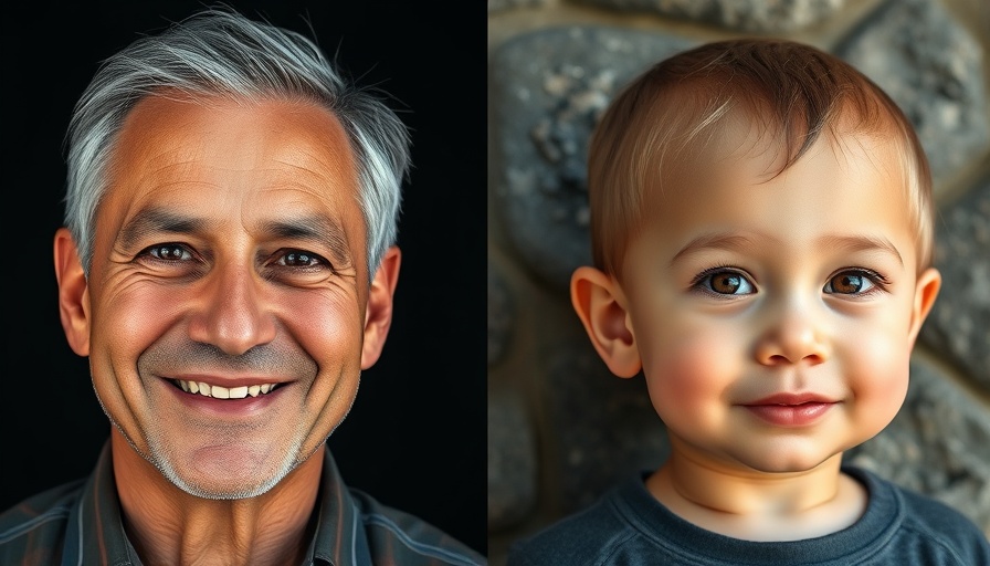 Anti-aging transformation with man and child, contrasting ages.