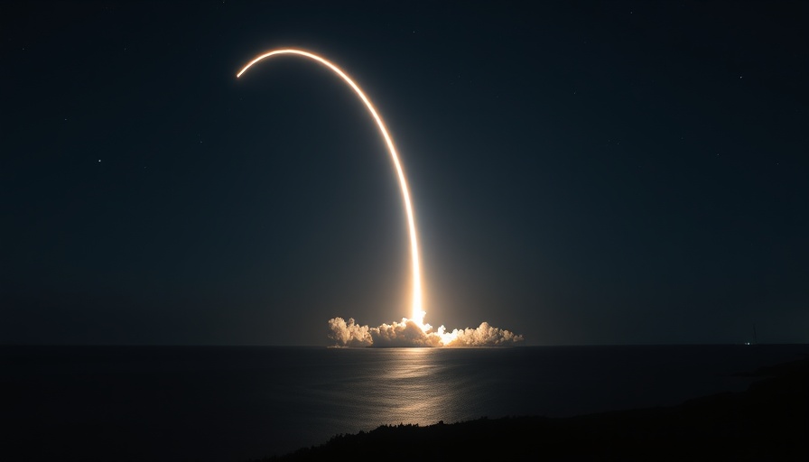 Relativity Space rocket launch, night scene with bright arc and stars.