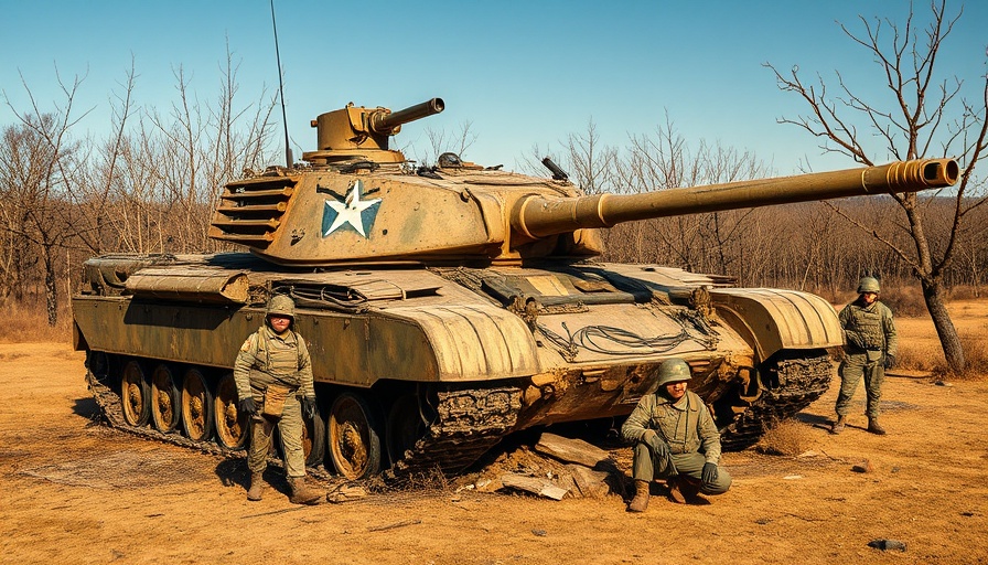 Military tank damaged in combat with soldiers near Kursk.