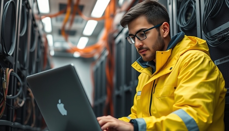 Technician in server room optimizing service order management for telecommunications.