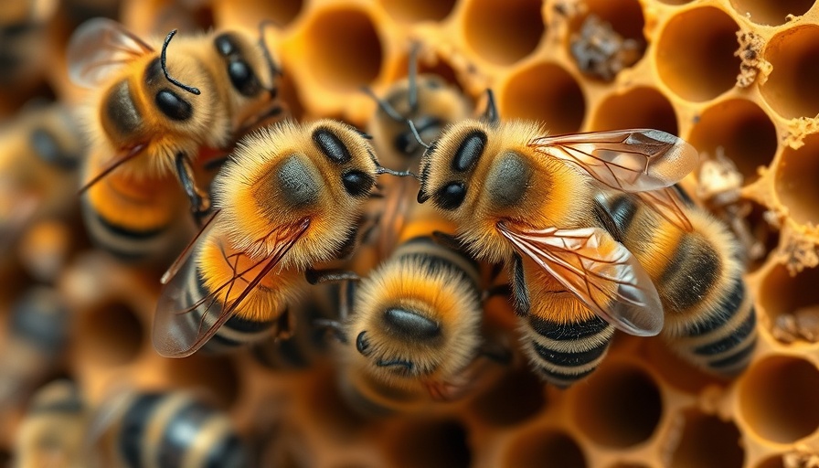 Close-up of honey bees on honeycomb, depicting animal communication.