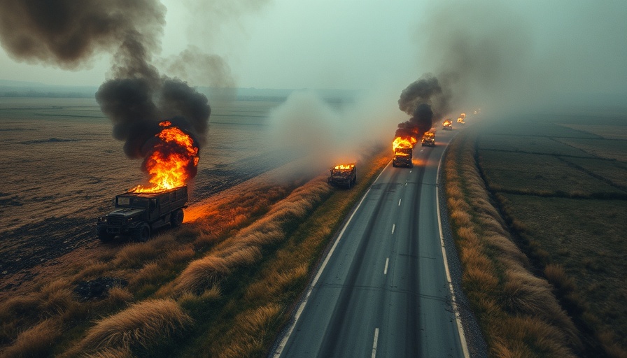 Aerial view of battlefield with burning vehicles in Kursk area.
