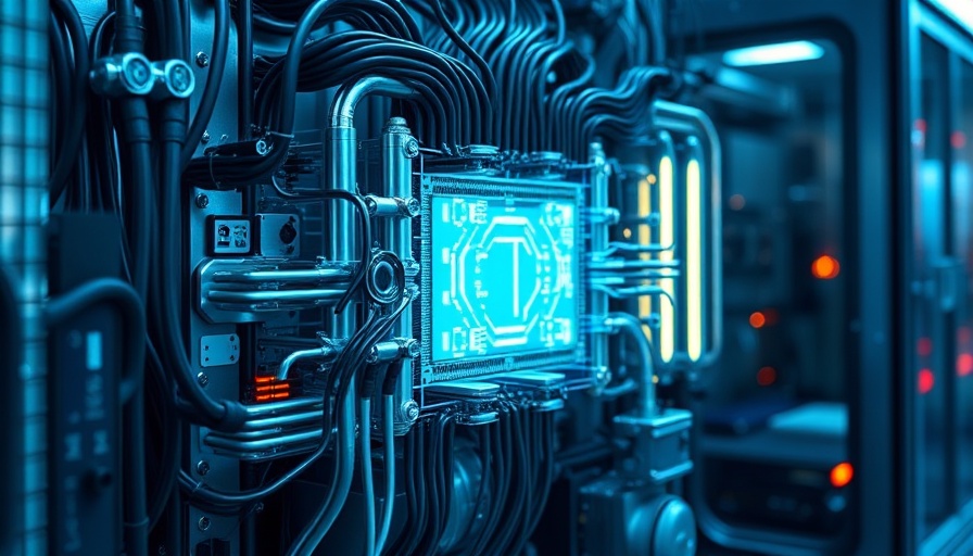 Futuristic quantum computer with glowing circuits in advanced lab.