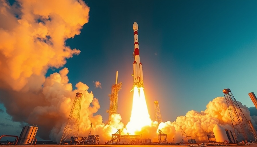 Rocket launching into space with fiery plume.