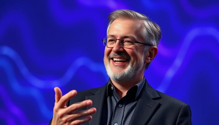 Middle-aged man presenting with a futuristic backdrop, Apple AI challenges discussed.