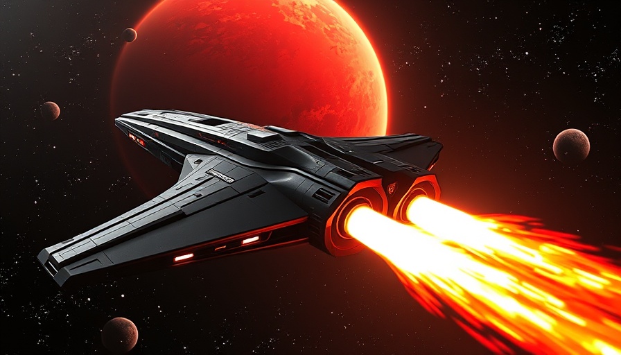 Futuristic spacecraft demonstrating nuclear propulsion technology near Mars.