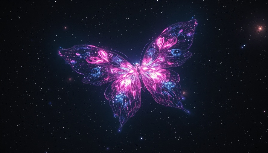 Butterfly-shaped nebula glowing in deep space with vivid colors.