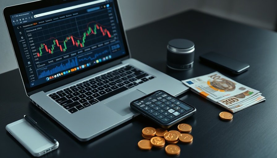 Fintech money management tools including laptop and currency.