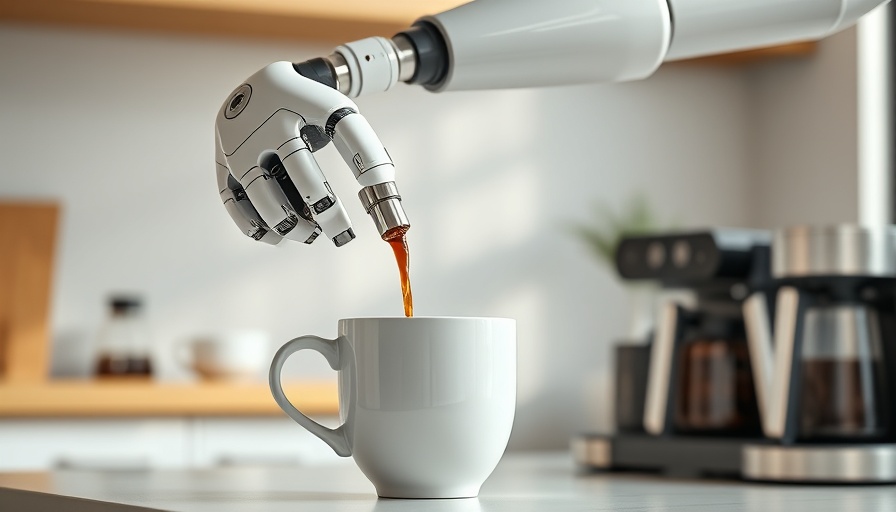 AI-Powered Coffee-Making Robot pouring coffee in modern kitchen.