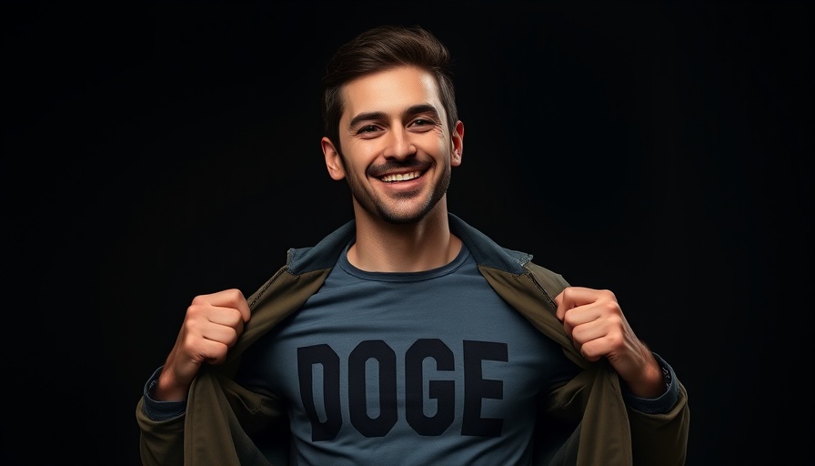 Stylish man in 'DOGE' shirt smiling, reflecting Pentagon budget efficiency drive.