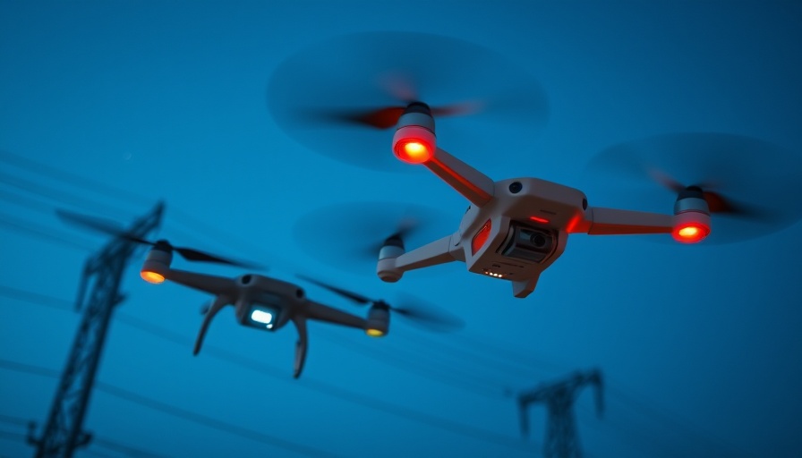 Drones with glowing lights flying in blue sky.