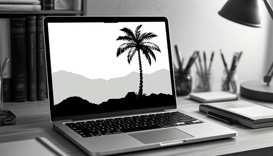 Retro pixel art of palm tree on laptop screen in vintage setting