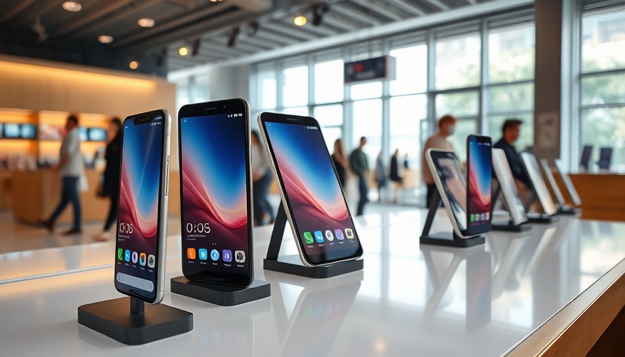 Modern smartphones display in tech store, consumer technology focus