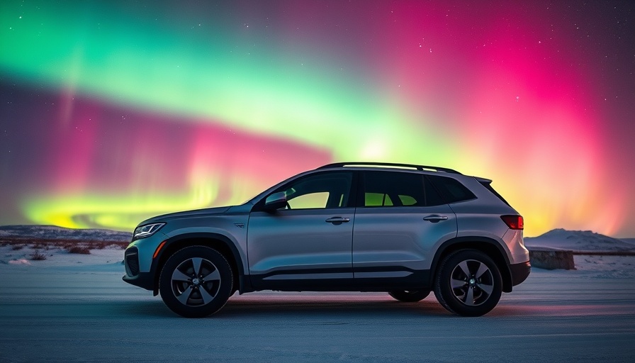 SUV under geomagnetic storm northern lights on snowy road.