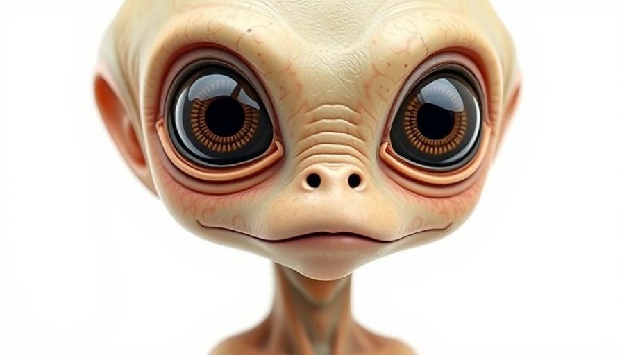 Carlo Rambaldi E.T. model with curious gaze against white background.