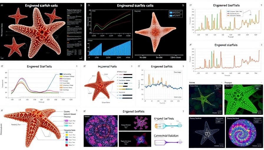 Scientific collage featuring engineered starfish cells with diagrams and charts