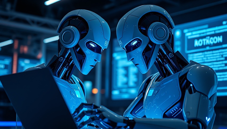 Futuristic humanoid robot using laptop in tech environment, 2025.