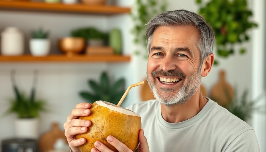 Middle-aged man promoting brain-boosting drinks with coconut.