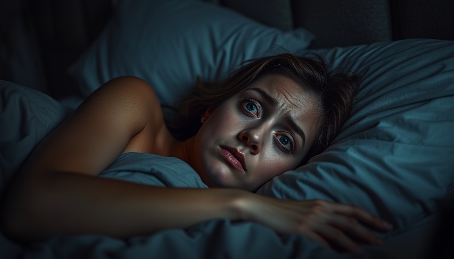 Fatigued woman in bed with distressed expression, sleep disorders.