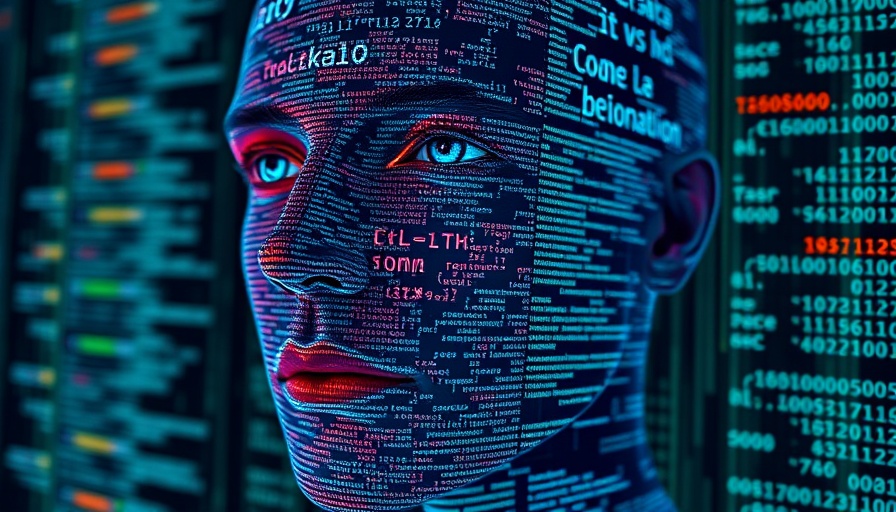 Digital human face merged with code, representing AI-generated fusion.