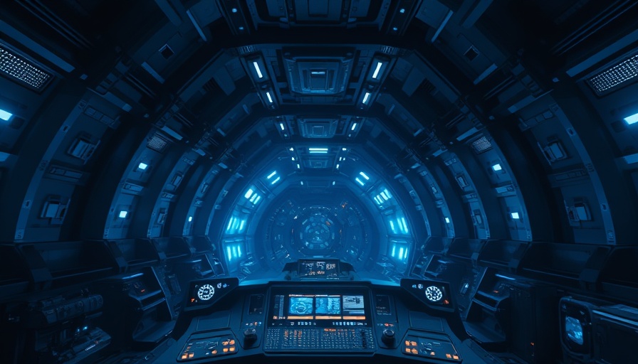 Futuristic space station interior with glowing interfaces.